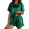 Ekouaer Satin Pajama Set for Women 2 Piece Silk Pjs Soft Short Sleeve Sleepwear Top with Ruffle Shorts S-XXL(Deep Green)