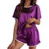 Ekouaer Satin Pajama Set for Women 2 Piece Silk Pjs Soft Short Sleeve Sleepwear Top with Ruffle Shorts S-XXL(Purple)