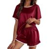 Ekouaer Satin Pajama Set for Women 2 Piece Silk Pjs Soft Short Sleeve Sleepwear Top with Ruffle Shorts S-XXL(Wine Red)