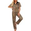 Ekouaer Satin Pajamas Set for Women Silk Button Down Sleepwear Short Sleeve Loungewear 2 Pieces Nightwear(Khaki Black Leopard)