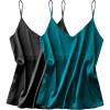 Ekouaer Satin Tank Tops for Women Silk Camisole Tops 2 Pack V Neck Spaghetti Strap Blouse Soft Dressy Camisole(Black/Drak Green)
