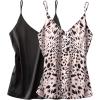 Ekouaer Satin Tank Tops for Women Silk Camisole Tops 2 Pack V Neck Spaghetti Strap Blouse Soft Dressy Camisole(Black/Leopard)