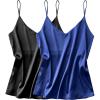 Ekouaer Satin Tank Tops for Women Silk Camisole Tops 2 Pack V Neck Spaghetti Strap Blouse Soft Dressy Camisole(Black/Navy Blue)