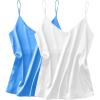 Ekouaer Satin Tank Tops for Women Silk Camisole Tops 2 Pack V Neck Spaghetti Strap Blouse Soft Dressy Camisole(White/Light Blue)
