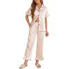 Ekouaer Silk Pajamas for Women Satin Short Sleeve Pajamas Set with Ruffle 2 Pieces Button Down Tops and Pants(Beige)
