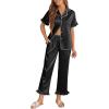 Ekouaer Silk Pajamas for Women Satin Short Sleeve Pajamas Set with Ruffle 2 Pieces Button Down Tops and Pants(Black)