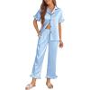 Ekouaer Silk Pajamas for Women Satin Short Sleeve Pajamas Set with Ruffle 2 Pieces Button Down Tops and Pants(Clear Blue)