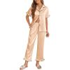 Ekouaer Silk Pajamas for Women Satin Short Sleeve Pajamas Set with Ruffle 2 Pieces Button Down Tops and Pants(Khaki)