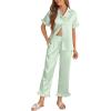 Ekouaer Silk Pajamas for Women Satin Short Sleeve Pajamas Set with Ruffle 2 Pieces Button Down Tops and Pants(Light Green)