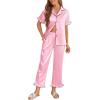 Ekouaer Silk Pajamas for Women Satin Short Sleeve Pajamas Set with Ruffle 2 Pieces Button Down Tops and Pants(Pink)