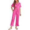 Ekouaer Silk Pajamas for Women Satin Short Sleeve Pajamas Set with Ruffle 2 Pieces Button Down Tops and Pants(Rose Red)