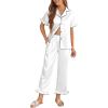 Ekouaer Silk Pajamas for Women Satin Short Sleeve Pajamas Set with Ruffle 2 Pieces Button Down Tops and Pants(White)