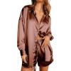 Ekouaer Womens 2 Piece Satin Pajama Set Long Sleeve PJs Sets Button Down Lounge Sets Soft Sleepwear Set(Brown)