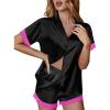 Ekouaer Womens Lace Satin Pajama Set Button Down Pj Shorts Set Bridesmaids Getting Ready Outfits Casual Sleepwear XS-XXL(Black With Rose Red Lace Trim)