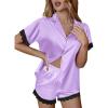 Ekouaer Womens Lace Satin Pajama Set Button Down Pj Shorts Set Bridesmaids Getting Ready Outfits Casual Sleepwear XS-XXL(Light Purple)