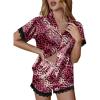 Ekouaer Womens Lace Satin Pajama Set Button Down Pj Shorts Set Bridesmaids Getting Ready Outfits Casual Sleepwear XS-XXL(Rose Black Leopard)
