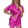 Ekouaer Womens Lace Satin Pajama Set Button Down Pj Shorts Set Bridesmaids Getting Ready Outfits Casual Sleepwear XS-XXL(Rose Red)