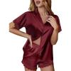 Ekouaer Womens Lace Satin Pajama Set Button Down Pj Shorts Set Bridesmaids Getting Ready Outfits Casual Sleepwear XS-XXL(Wine Red)
