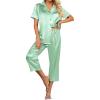 Ekouaer Womens Satin Pajamas Silk Capri Pjs 2 Piece Lounge Sets Short Sleeve Button Down Sleepwear(Light Green)