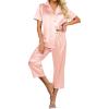 Ekouaer Womens Satin Pajamas Silk Capri Pjs 2 Piece Lounge Sets Short Sleeve Button Down Sleepwear(Light Pink)