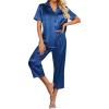 Ekouaer Womens Satin Pajamas Silk Capri Pjs 2 Piece Lounge Sets Short Sleeve Button Down Sleepwear(Navy Blue)