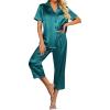 Ekouaer Womens Satin Pajamas Silk Capri Pjs 2 Piece Lounge Sets Short Sleeve Button Down Sleepwear(Peacock Blue)