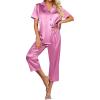 Ekouaer Womens Satin Pajamas Silk Capri Pjs 2 Piece Lounge Sets Short Sleeve Button Down Sleepwear(Purple)