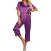 Ekouaer Womens Satin Pajamas Silk Capri Pjs 2 Piece Lounge Sets Short Sleeve Button Down Sleepwear(Purple Wine)
