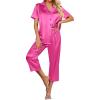Ekouaer Womens Satin Pajamas Silk Capri Pjs 2 Piece Lounge Sets Short Sleeve Button Down Sleepwear(Rose Red)