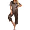 Ekouaer Womens Satin Pajamas Silk Capri Pjs 2 Piece Lounge Sets Short Sleeve Button Down Sleepwear(Sudan Brown)