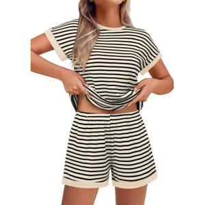 EKOUAER 2 Piece Sets for Women Summer Outfits Cute Stripe Knit T Shirts Shorts Matching Lounge Set(Beige Striped)