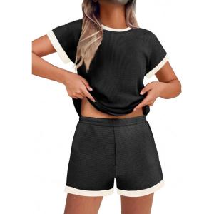 EKOUAER 2 Piece Sets for Women Summer Outfits Cute Stripe Knit T Shirts Shorts Matching Lounge Set(Black)