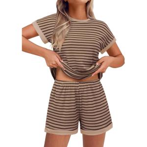 EKOUAER 2 Piece Sets for Women Summer Outfits Cute Stripe Knit T Shirts Shorts Matching Lounge Set(Brown)