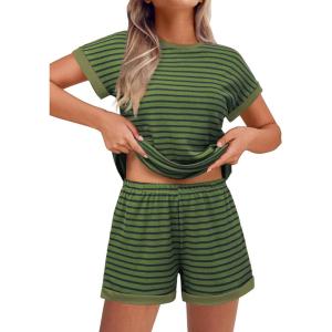 EKOUAER 2 Piece Sets for Women Summer Outfits Cute Stripe Knit T Shirts Shorts Matching Lounge Set(Green Striped)