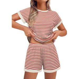 EKOUAER 2 Piece Sets for Women Summer Outfits Cute Stripe Knit T Shirts Shorts Matching Lounge Set(Red Striped)