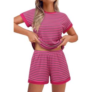 EKOUAER 2 Piece Sets for Women Summer Outfits Cute Stripe Knit T Shirts Shorts Matching Lounge Set(Rose Redstriped)