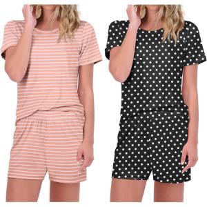 Ekouaer 2 Pack Pajamas Short Sleeve Top with Shorts Sets Comfy Pjs Lounge Sets Sleepwear for Women(Pink Striped/Dot)