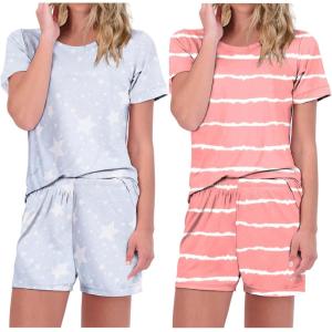 Ekouaer 2 Pack Pajamas Short Sleeve Top with Shorts Sets Comfy Pjs Lounge Sets Sleepwear for Women(Pink Striped/Star)