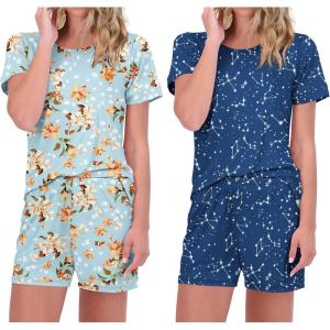 Ekouaer 2 Pack Pajamas Short Sleeve Top with Shorts Sets Comfy Pjs Lounge Sets Sleepwear for Women(Star/Floral)