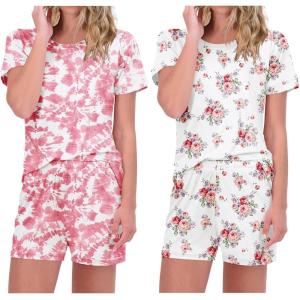 Ekouaer 2 Pack Pajamas Short Sleeve Top with Shorts Sets Comfy Pjs Lounge Sets Sleepwear for Women(Tie Dye/White Floral)