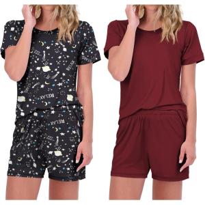 Ekouaer 2 Pack Pajamas Short Sleeve Top with Shorts Sets Comfy Pjs Lounge Sets Sleepwear for Women(Wine Red/Star)