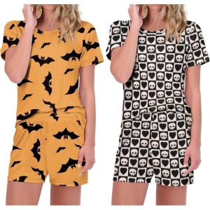 Ekouaer 2 Pack Pajamas Short Sleeve Top with Shorts Sets Comfy Pjs Lounge Sets Sleepwear for Women(Yellow Bat/Skull)