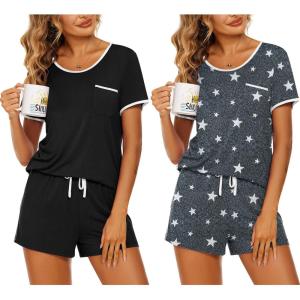 Ekouaer 2 Pack Womens Pajama Sets Lightweight Summer Pajamas Short Sleeve Pj Top with Shorts, Chest Pocket(Black/Grey Stars)