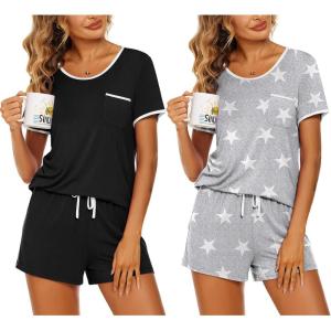Ekouaer 2 Pack Womens Pajama Sets Lightweight Summer Pajamas Short Sleeve Pj Top with Shorts, Chest Pocket(Black/Light Gary Stars)