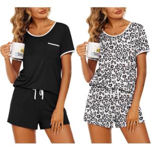 Ekouaer 2 Pack Womens Pajama Sets Lightweight Summer Pajamas Short Sleeve Pj Top with Shorts, Chest Pocket(Black/White Leopard)