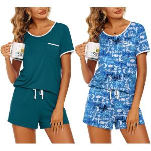 Ekouaer 2 Pack Womens Pajama Sets Lightweight Summer Pajamas Short Sleeve Pj Top with Shorts, Chest Pocket(Blue Green/Blue Good Night)