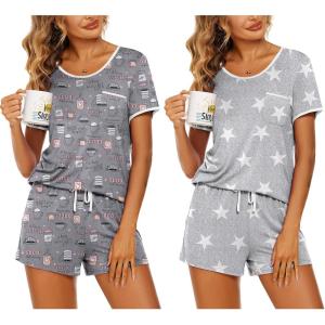 Ekouaer 2 Pack Womens Pajama Sets Lightweight Summer Pajamas Short Sleeve Pj Top with Shorts, Chest Pocket(Grey Coffee/Light Gary Stars)