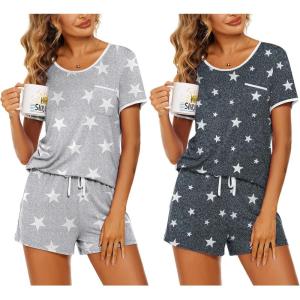 Ekouaer 2 Pack Womens Pajama Sets Lightweight Summer Pajamas Short Sleeve Pj Top with Shorts, Chest Pocket(Light Gary Stars/Grey Stars)
