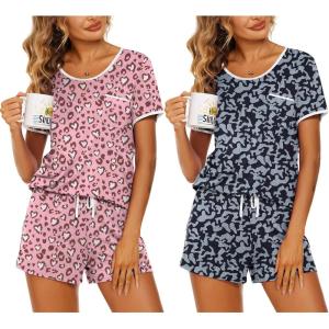Ekouaer 2 Pack Womens Pajama Sets Lightweight Summer Pajamas Short Sleeve Pj Top with Shorts, Chest Pocket(Pink Leopard/Black Leopard)
