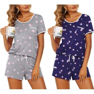 Ekouaer 2 Pack Womens Pajama Sets Lightweight Summer Pajamas Short Sleeve Pj Top with Shorts, Chest Pocket(Pink Stars/Purple Stars)